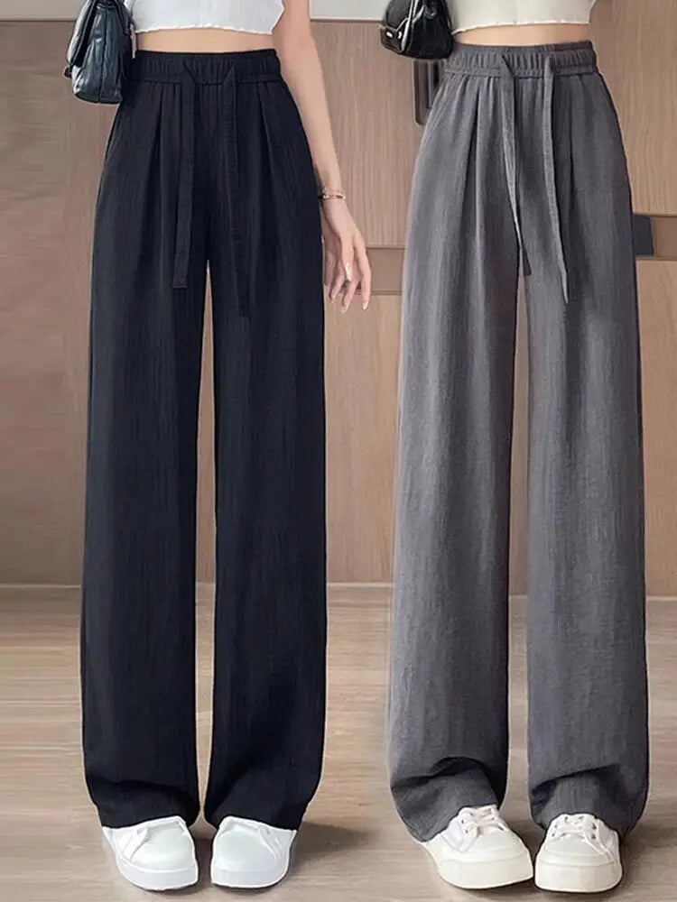 Women's High Waist Wide Leg Pants 2026 Summer Ice Silk Linen Loose Fit Flowy Straight Leg Casual Trousers Women Pants Sweatpants