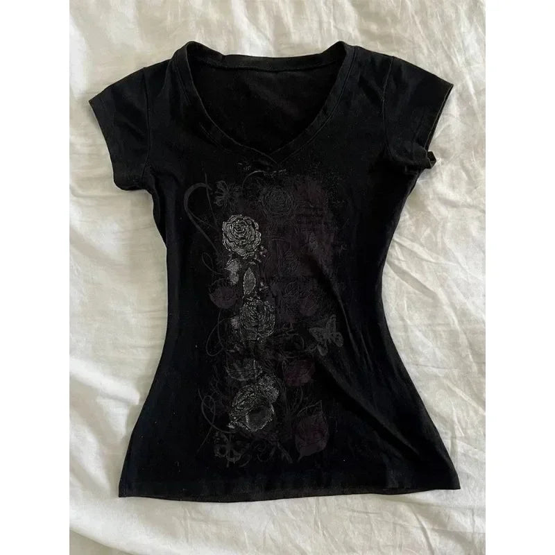 Women Grunge T-shirts 2026 Summer Bottoming Crop Tops Vintage Slim Harajuku Causal Black Tshirts Y2k Aesthetic Flower Printing