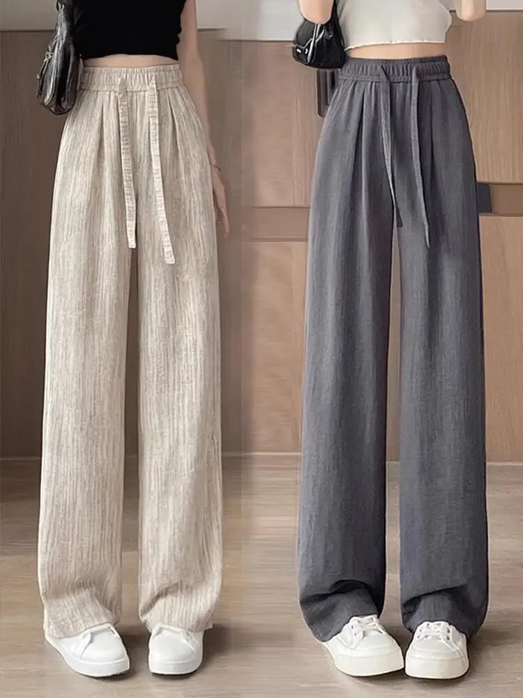 Women's High Waist Wide Leg Pants 2026 Summer Ice Silk Linen Loose Fit Flowy Straight Leg Casual Trousers Women Pants Sweatpants