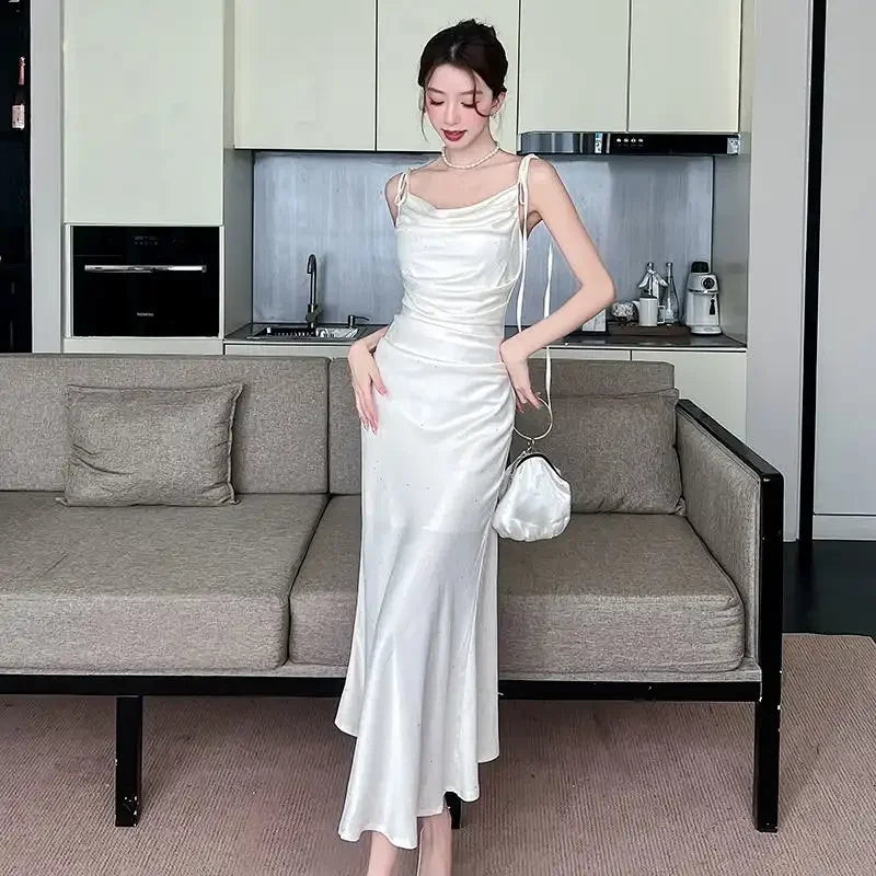 Women French Satin Slip Dress Draped Neck Glitter Slim Mermaid Maxi Dress Summer Party Evening