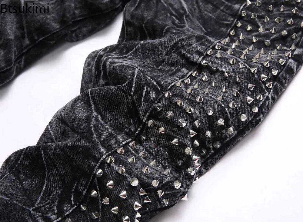 2026 Retro Punk High Street Trend Black Jeans Rivet Design Men Slim Casual Pants Fashion Classic Men Denim Pants Four Season New