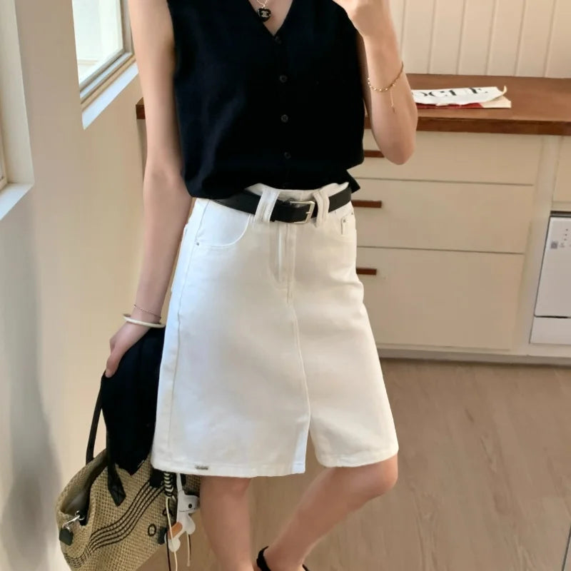 Women's Off White With Belt Denim Mini Skirts Summer 2026 Fashion High Waisted Casual Split A-line Jeans Skirt Female