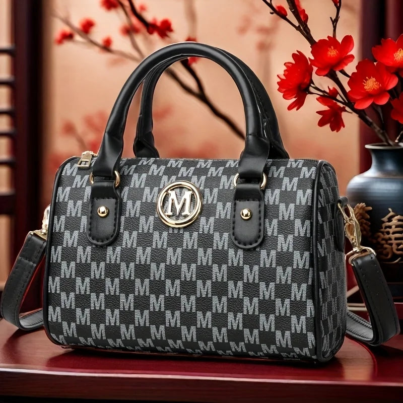 Letter-Print Barrel Crossbody Bag | Twin Handles & Zip Closure | Braviixx