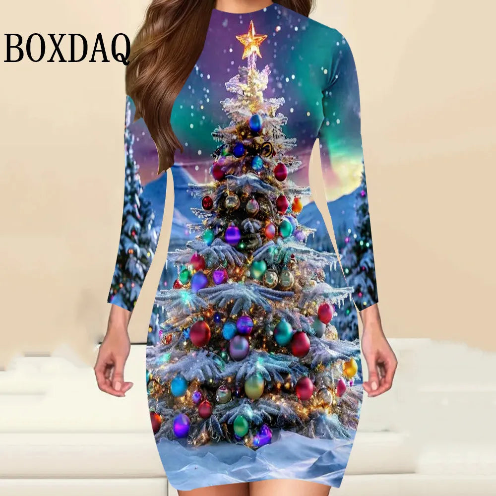 Christmas Print Bodycon Mini Dress | Long Sleeves | Braviixx