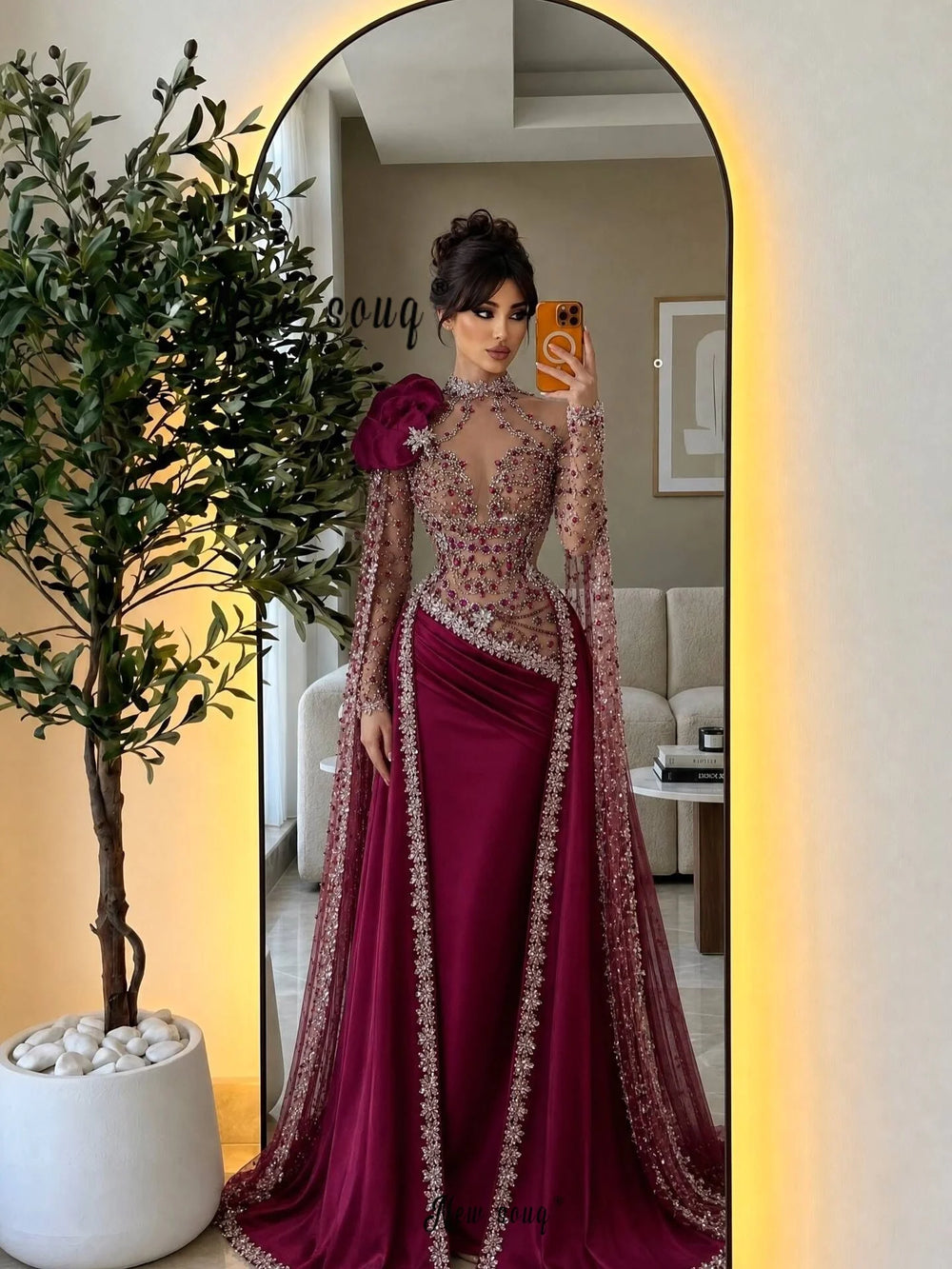 Embellished Illusion Evening Gown | Cape Sleeves | Braviixx