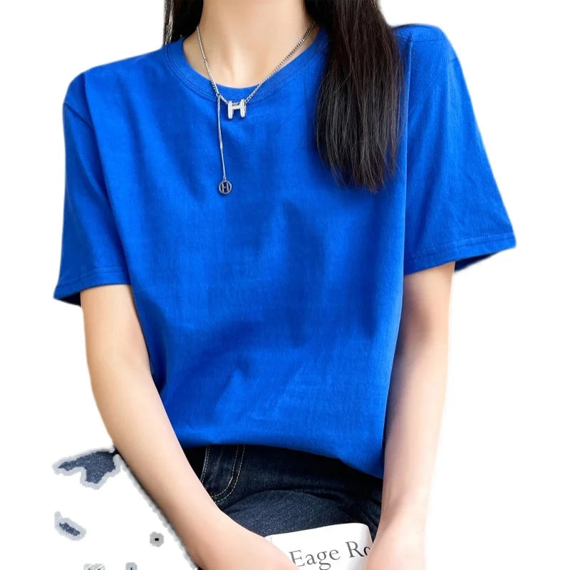 Women T-shirts 2026 Tops Solid Short Sleeve Loose O-neck  Cotton Casual Ladies Shirts Harajuku Korean Summer Woman Tshirts