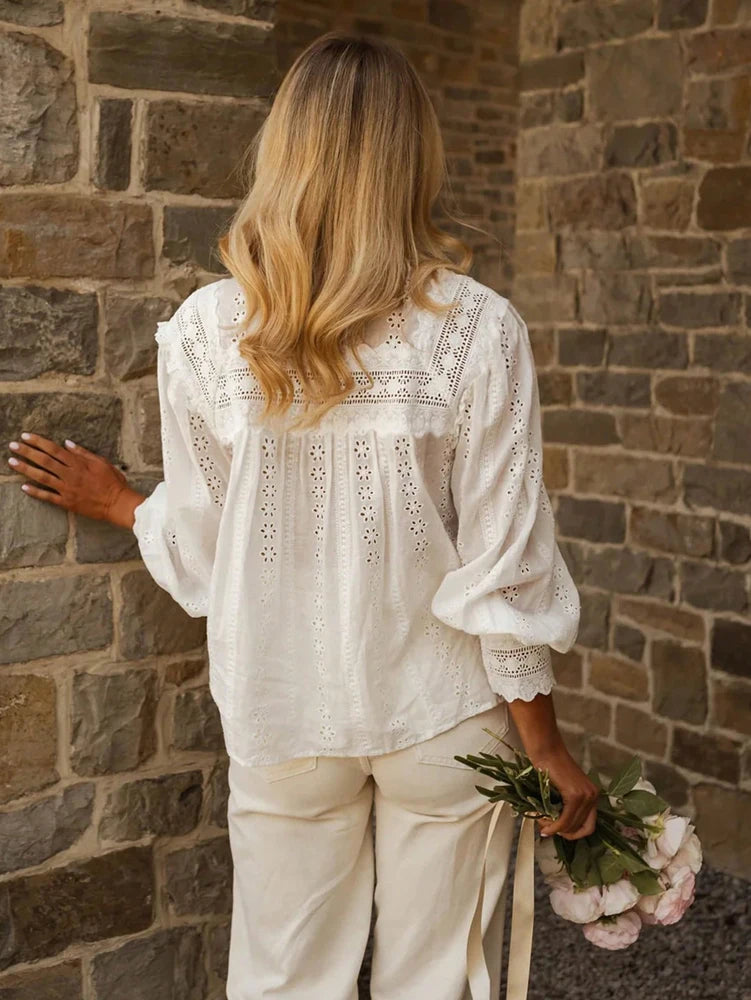 Spring/Summer 2026 New Arrivals European & American Women's Wear Vacation Style Solid-Colour Lace-Up Embroidered Blouse