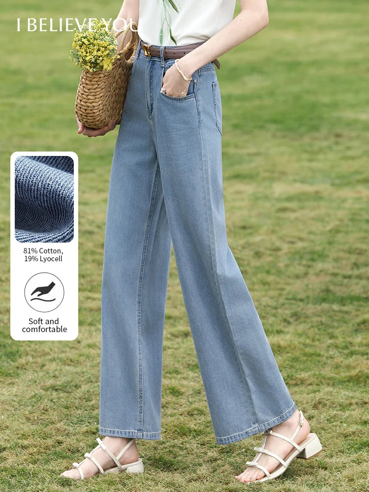 I BELIEVE YOU Light Blue Wide Leg Jeans 2026 Spring High Waist Loose Fit Pants Beading Straight Leg Denim Pants 2261166334