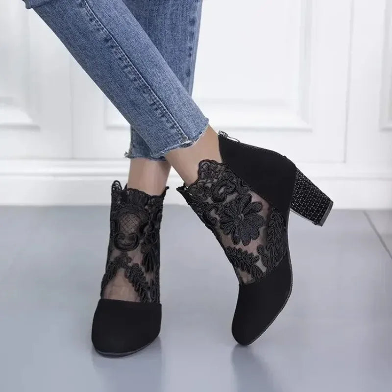 Women's Floral Lace Ankle Boots | Embellished Block Heels | Braviixx