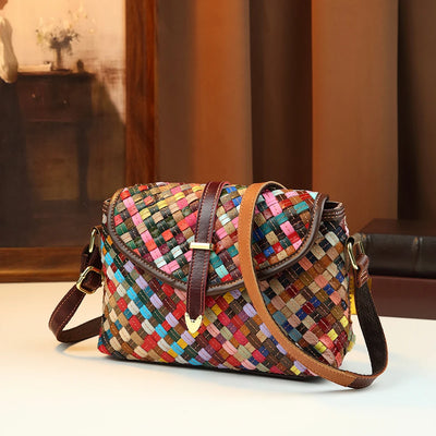 Women's Bohemian Rainbow Woven Genuine Leather Crossbody Bag | Ethnic Patchwork · Pillow Shape · Multicolour | Braviixx