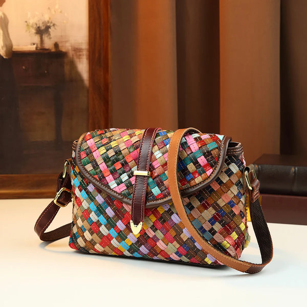 Women's Bohemian Rainbow Woven Genuine Leather Crossbody Bag | Ethnic Patchwork · Pillow Shape · Multicolour | Braviixx
