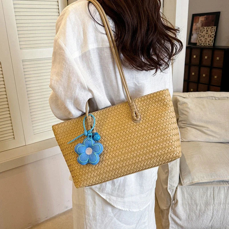 Women's Woven-Look Tote Bag | Flower Pendant & Shoulder Handles | Braviixx