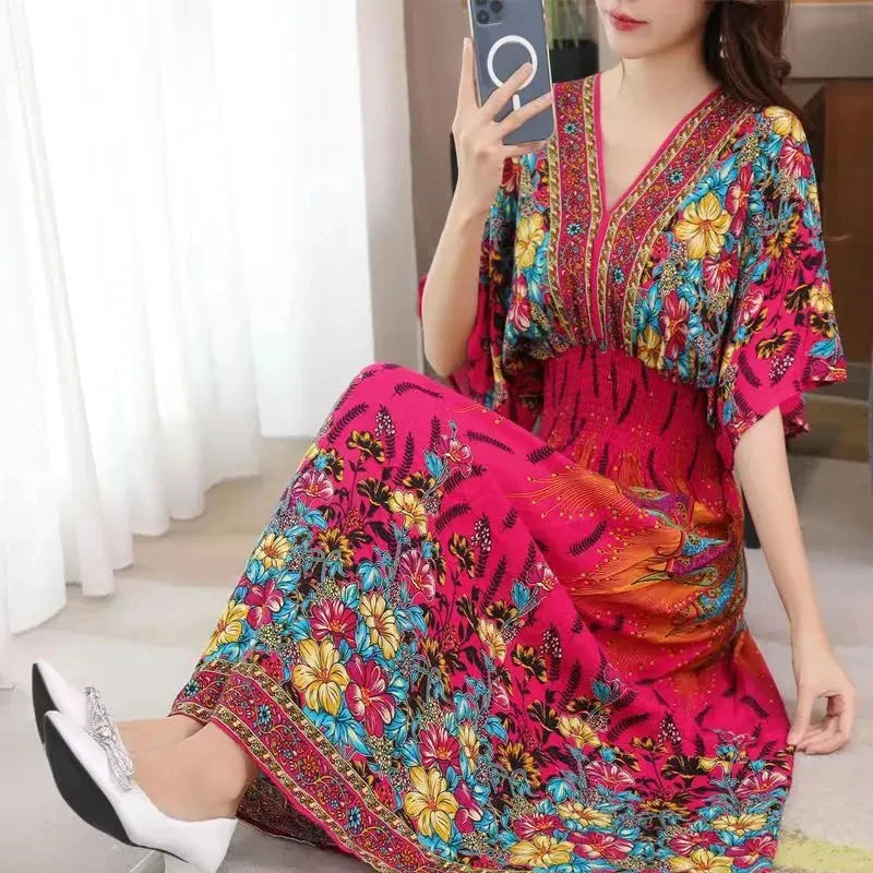 Vintage Print Midi Dress | V-Neck & Shirred Waist | Braviixx