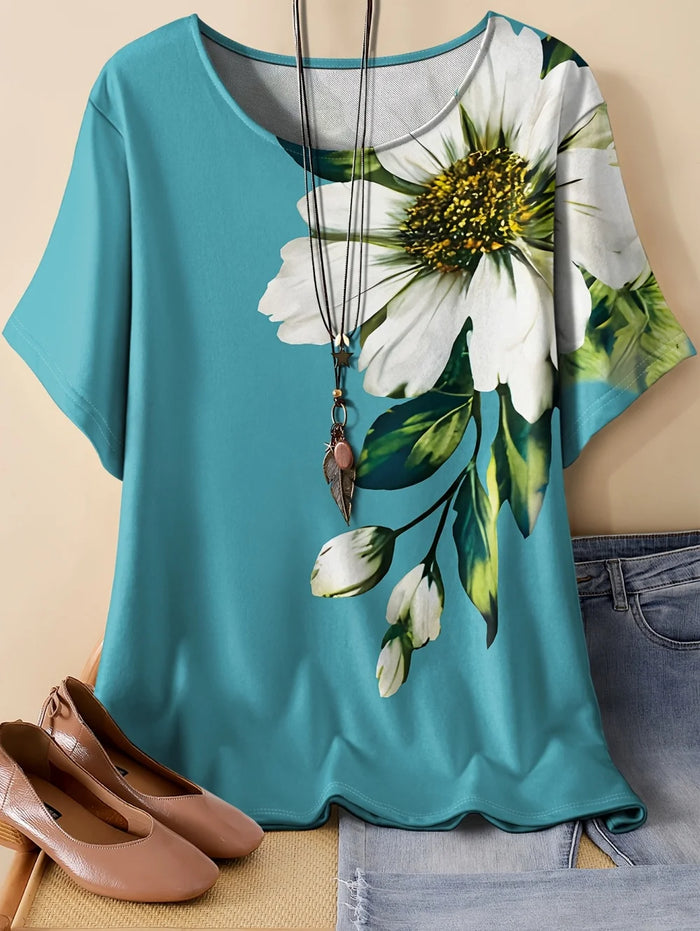 2026 Women's T-Shirt 3D Floral Pattern Print Short Sleeve O-Neck Short Sleeves Tees Graphic T-Shirts Oversized Women' S Clothes