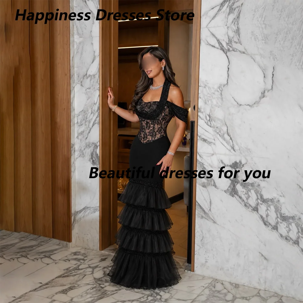 Off-Shoulder Lace Corset Tiered Ruffle Tulle Mermaid Gown | Formal Evening & Wedding Guest Dress