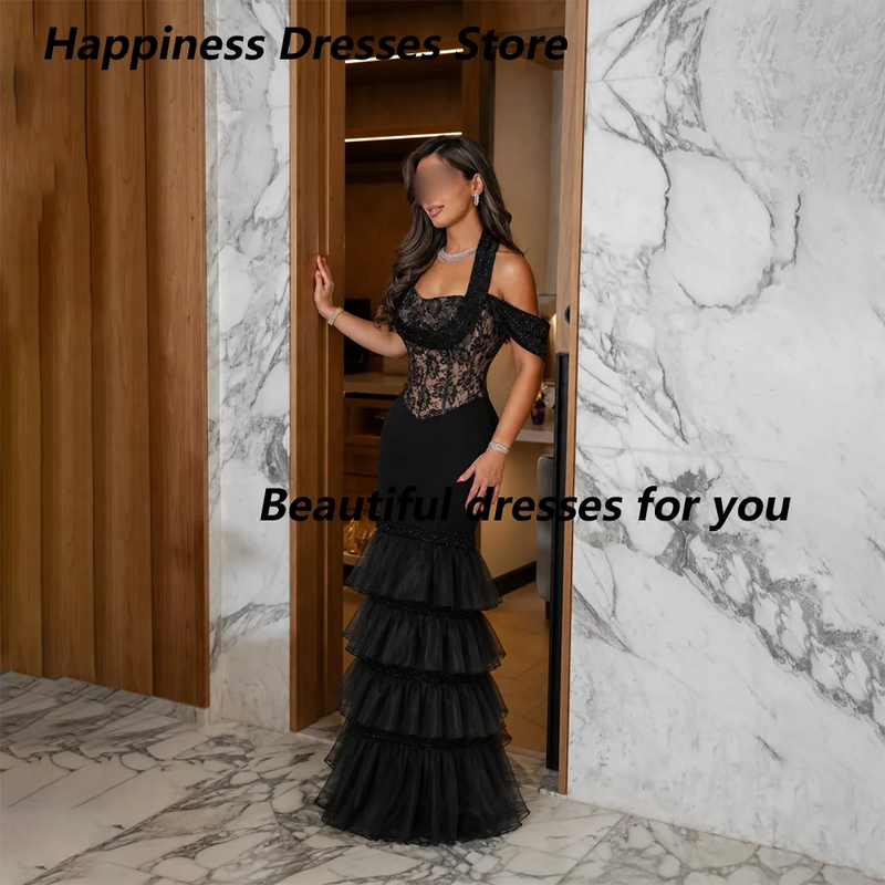 Off-Shoulder Lace Corset Tiered Ruffle Tulle Mermaid Gown | Formal Evening & Wedding Guest Dress