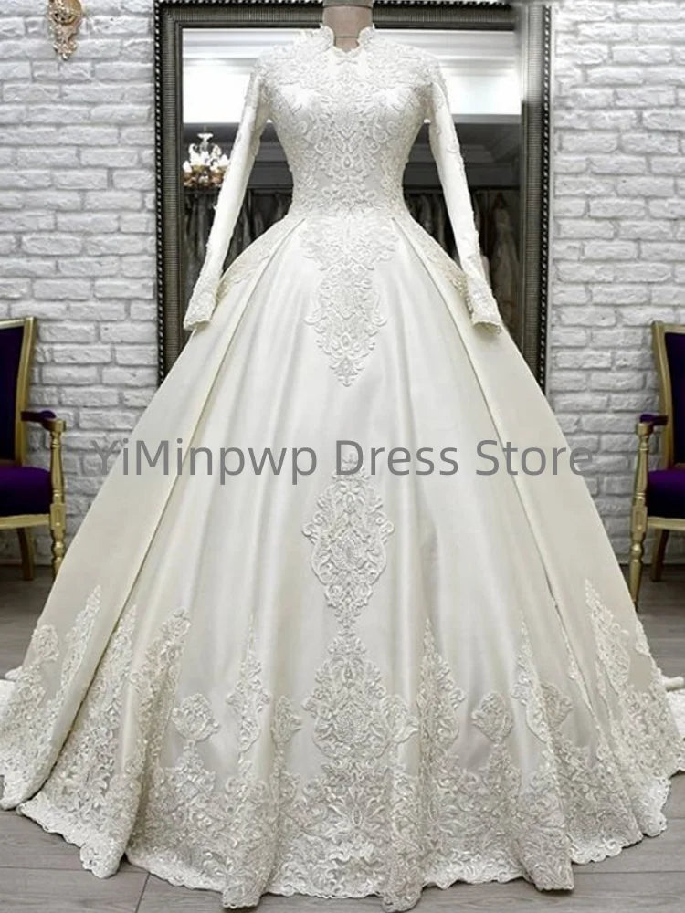 High-Neck Satin & Lace Wedding Dress | Long Sleeves | Braviixx