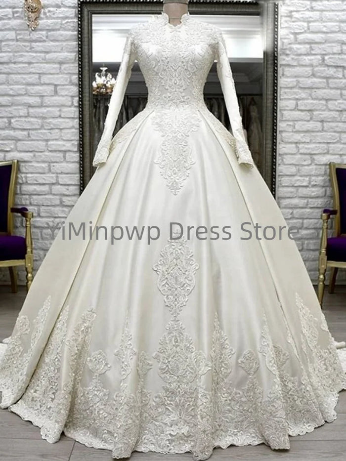 High-Neck Satin & Lace Wedding Dress | Long Sleeves | Braviixx