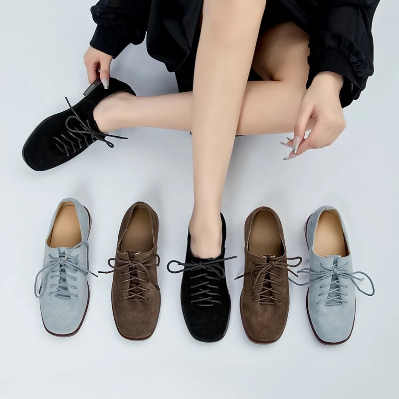 Women Loafer Lace-up 2025 New Spring Shoes Women Suede Genuine Leather Women Oxford Shoes Large Size British Style Women Shoes