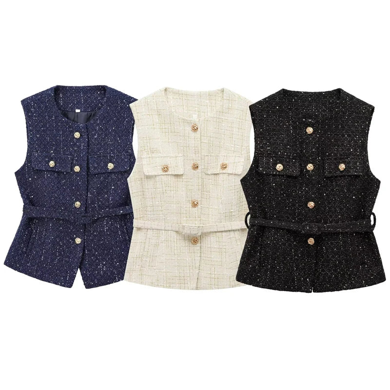 HXAO Women's Vest Summer 2025 Blue Off White Black Vest Textured Waistcoat Woman Button Sleeveless Vest Women Fashion Outerwears