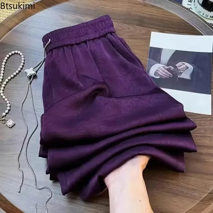 2026Women's Vintage Satin Long Pants Chinese Style Solid High Waist Wide Leg Pants Loose Casual Versatile Streetwear Women Pants