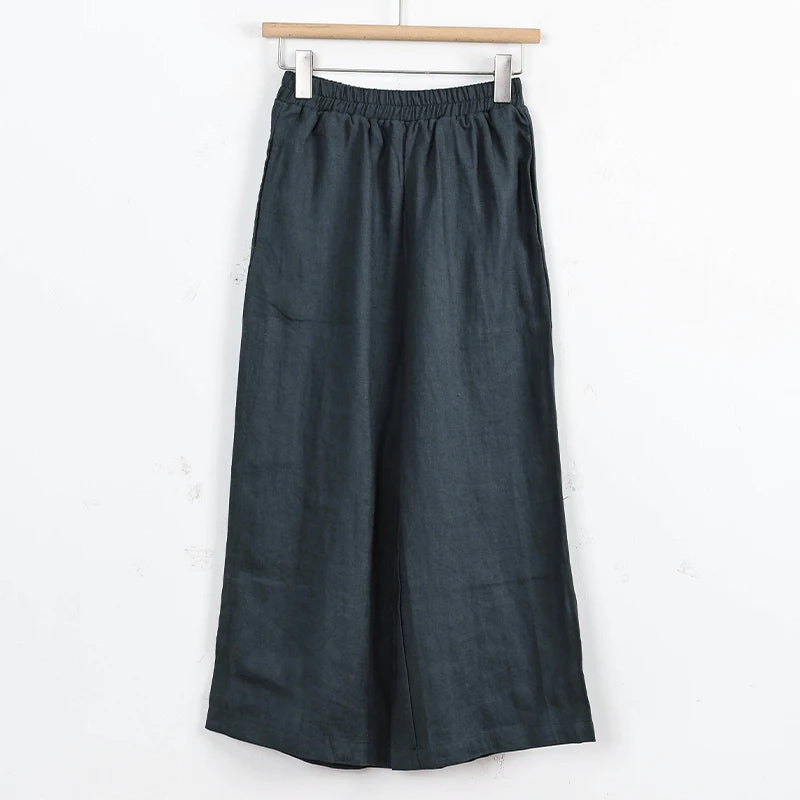 Women's 100% Linen Wide-Legged Pants Casual Loose Fit Summer 2026 Elastic Waist Harajuku Retro Linen Trousers Female Clothing