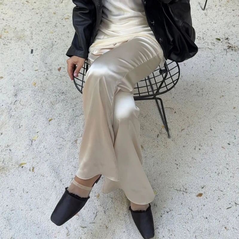 Satin Silk Wide Leg Pants for Women High Waist Baggy Pants Y2K Elegant Lady Party Long Trousers Female Buttoms