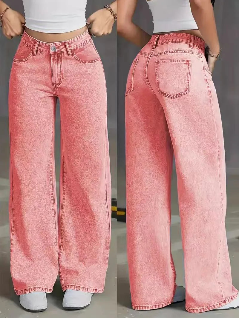 2026 Jeans Wide Leg Pants Women Streetwear High Waist Washed Distressed Pockets Vintage Full Length Denims Basis Trousers