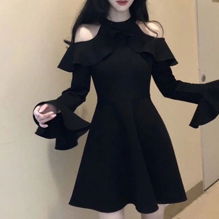 Off-the-shoulder Dress 2026 Women's Long-sleeved Thin Small Black Skirt