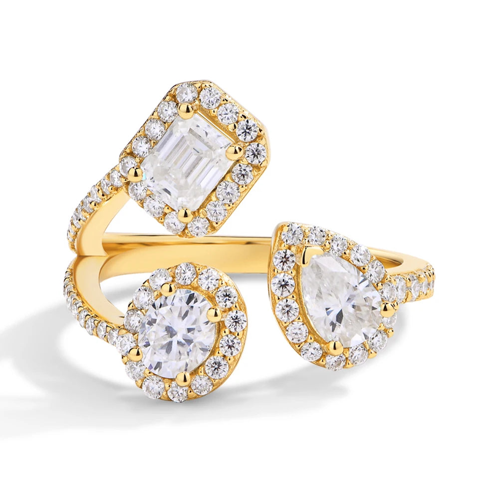 Women's Moissanite Open Ring | Three Mixed-Shape Halos | Braviixx