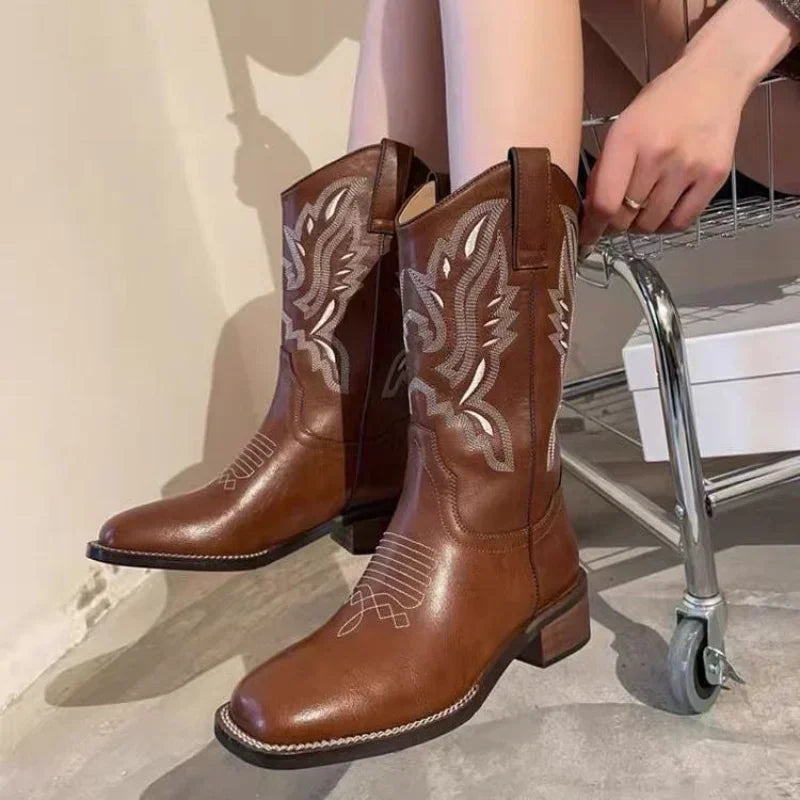 Women's Retro Mid-Calf Western Cowboy Boots – Square Toe Chunky Heel | Coffee & Brown