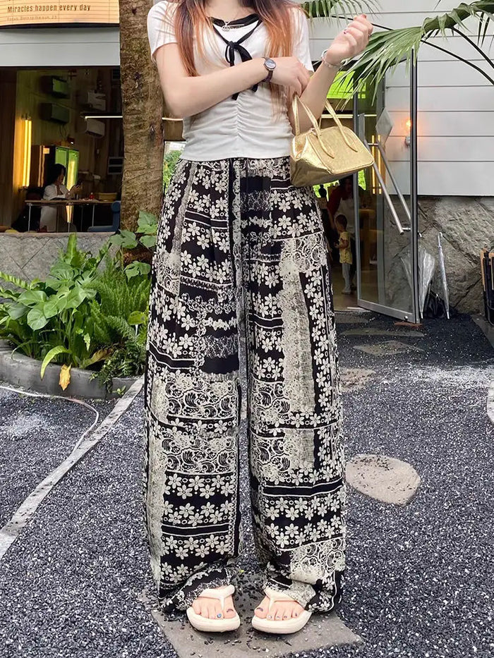 Retro Print Design Palazzo Pants Women's Summer Lightweight Loose Slimming Drapey Plus Size Casual Straight Leg Sports Pants