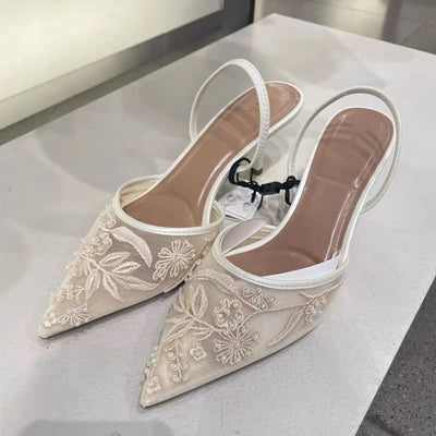 Women's Mesh Floral Embroidered Slingback Stiletto Heels | Pointed Toe | EU 36–42