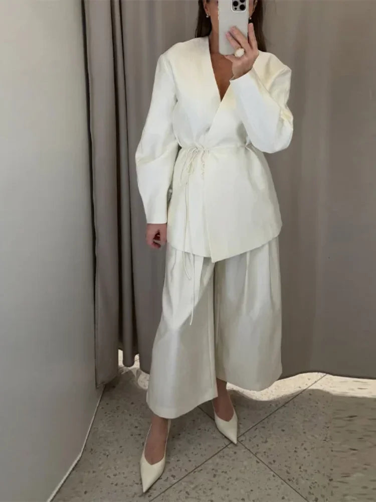 Women's Elegant Coat Pant Sets Full Sleeve V Lace Top Wide Leg Pants Female Suits 2026 Spring Summer Solid Satin Lady Set
