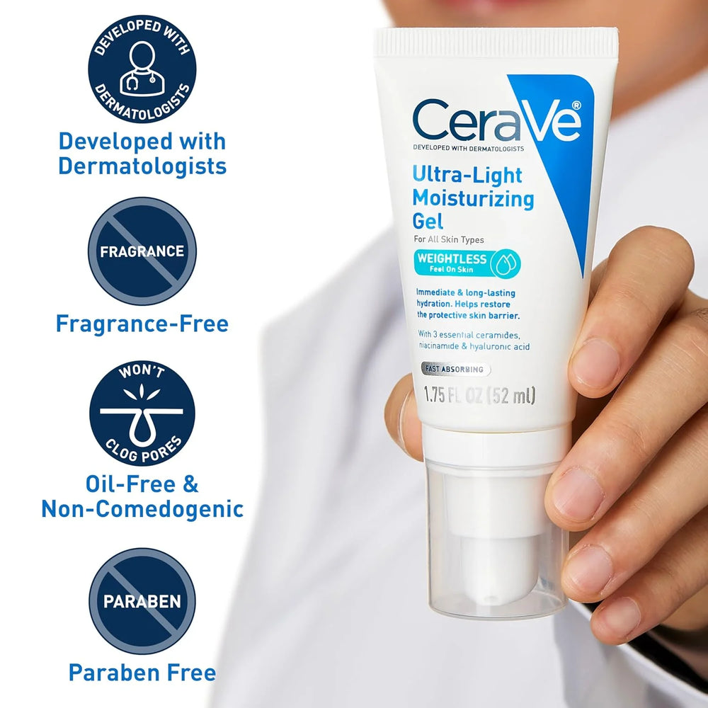 CeraVe Ultra-Light Hydrating Face Moisturizer Gel With Ceramides Niacinamide Hyaluronic Acid Oil-Free Fragrance Free 1.75 FL Oz