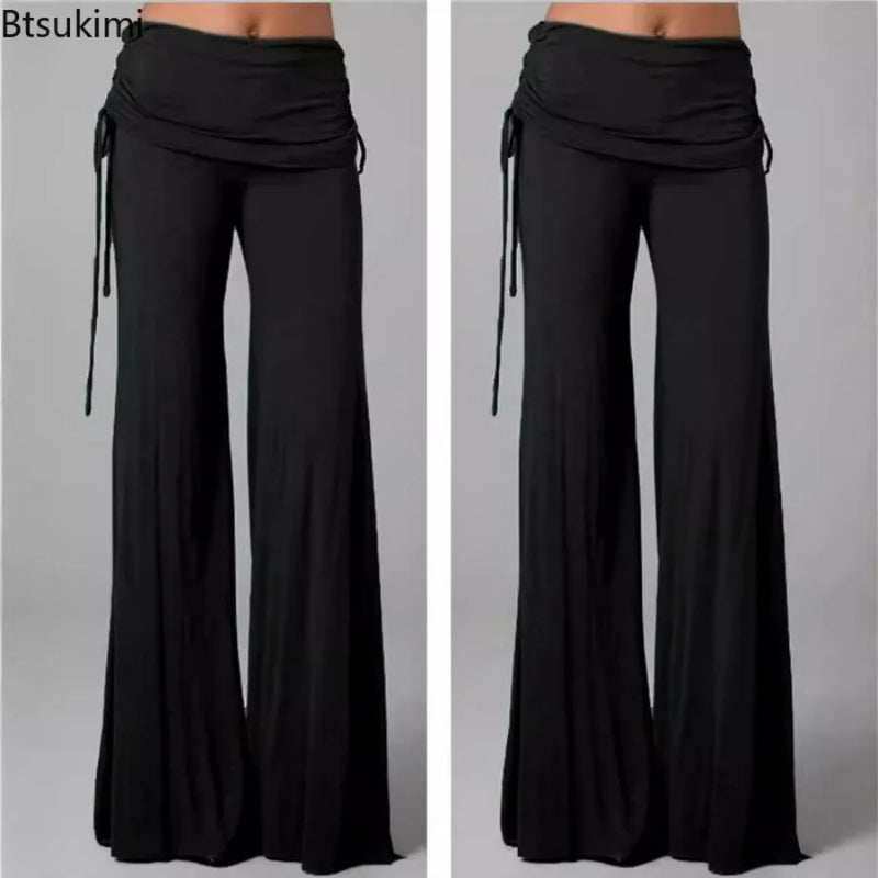 Women's Foldover Drawstring Wide Leg Flare Trousers | Dance Yoga · Black · S–XXXL | Braviixx