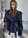 Street Lace Up Trench Coats Women Long Sleeve Lapel Waist Cinching Cropped Windbreaker Female Autumn Lady Elegant Casual Jacket