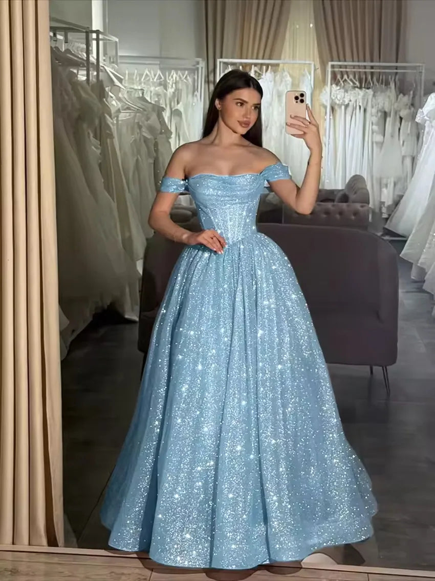Off-Shoulder Glitter Tulle A-Line Gown | Formal Prom & Wedding Party Evening Dress