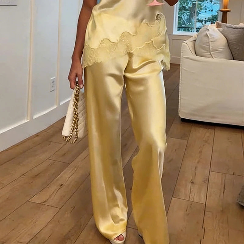 Satin Silk Wide Leg Pants for Women High Waist Baggy Pants Y2K Elegant Lady Party Long Trousers Female Buttoms