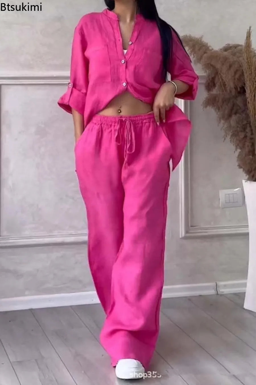 2026 Women Wide Leg Pants with Shirt Two Piece Sets Versatile Loose Casual Suits Chic Comfy Cotton Linen Streetwear Sets Femme