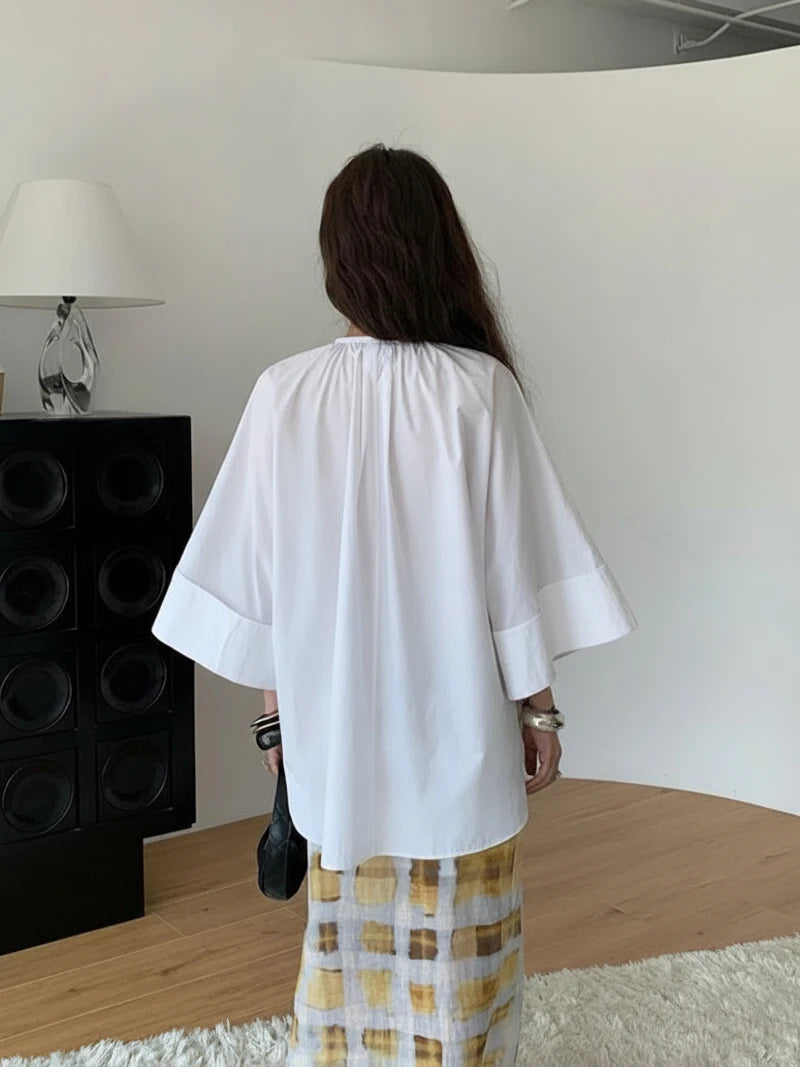 CHEERART Designer Cotton White Oversized Shirt For Woman Applique Half Sleeve Button Up Shirts Blouse 2026 Fashion Clothes