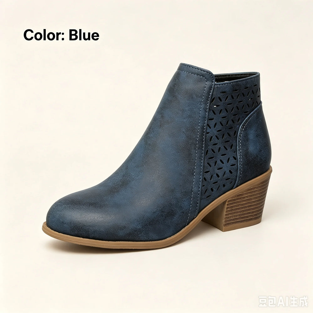 Cut-Out Ankle Boots | Side Zip & Block Heel | Braviixx