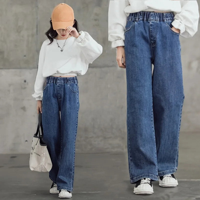 2026 Newest Children's High Waisted Straight Fit Ripped Jeans With Holes For Girls Casual Denim Pants For 5 7 9 11 13 14 Years