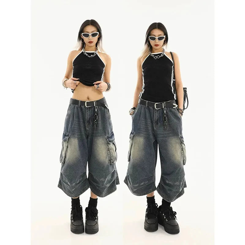 2026 Summer Y2k Retro Women Low Waisted Wash Cropped Baggy Jeans Wide Leg Frayed Denim Short Pants Korean Fashion Pants