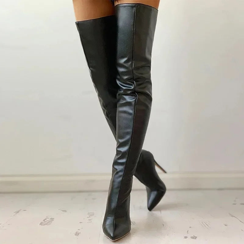 Plus Size 34-46 Women Boots Sexy Thigh High Boots Stretch PU Leather Over-the-knee Heeled Boots Black Red Autumn Winter Shoes