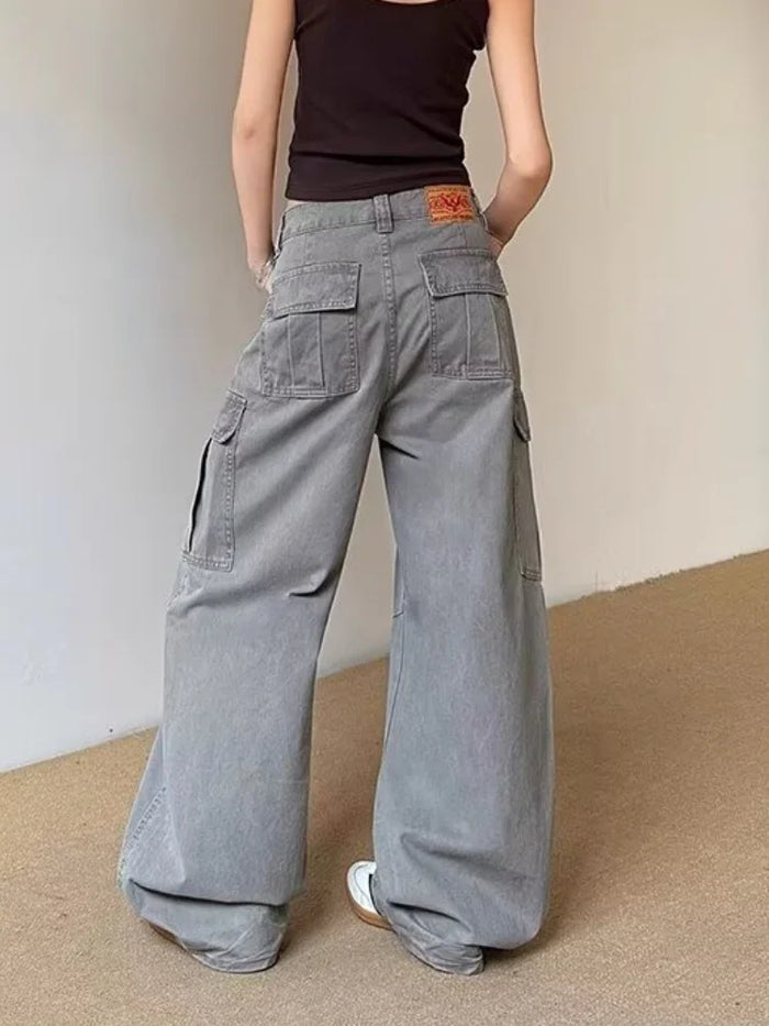 2026 Ropa Y2K Fashion Vintage Grey Baggy Cargo Jeans Pants For Women Clothing Wide Leg Kpop Casual Lady Trousers Pantalon Femme