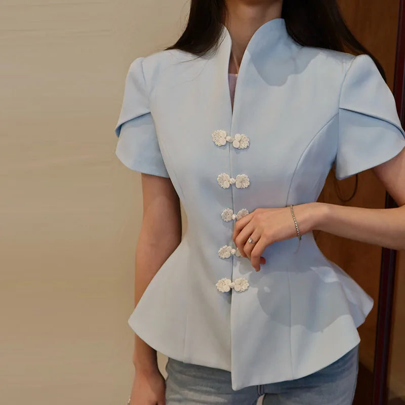 Women's Short Puff Sleeve Jackets Stand Collar Single Breasted Waist Cinching Blouse 2026 Spring Summer New Woman Streetwears
