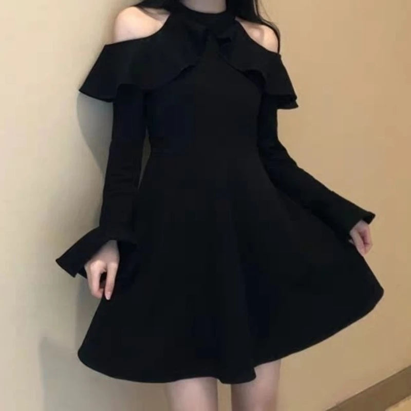 Off-the-shoulder Dress 2026 Women's Long-sleeved Thin Small Black Skirt