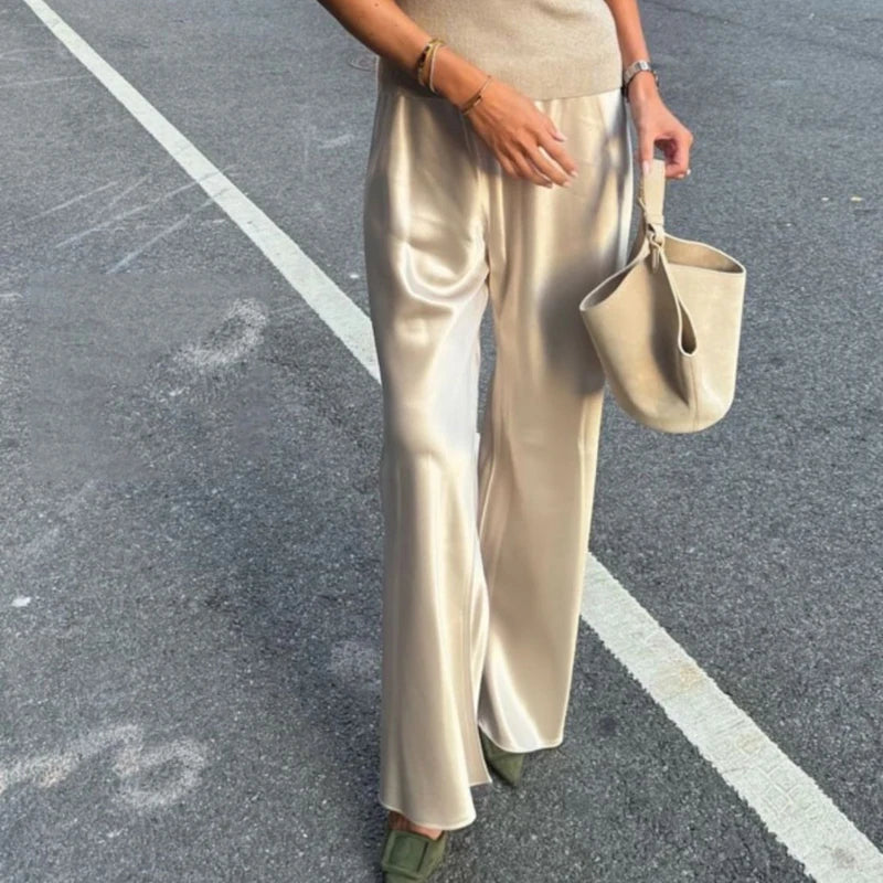 Satin Silk Wide Leg Pants for Women High Waist Baggy Pants Y2K Elegant Lady Party Long Trousers Female Buttoms