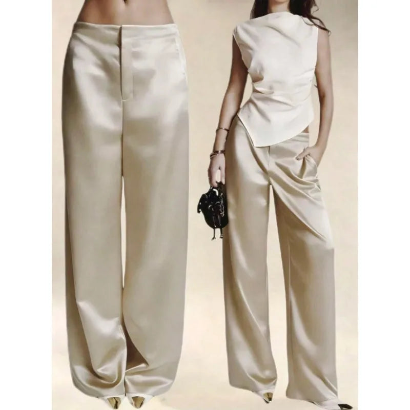2026 Summer New Women Satin Wide Leg Pants Europe America Fashion High Waist Elegant Office Casual Trousers Y2k Streetwear Women